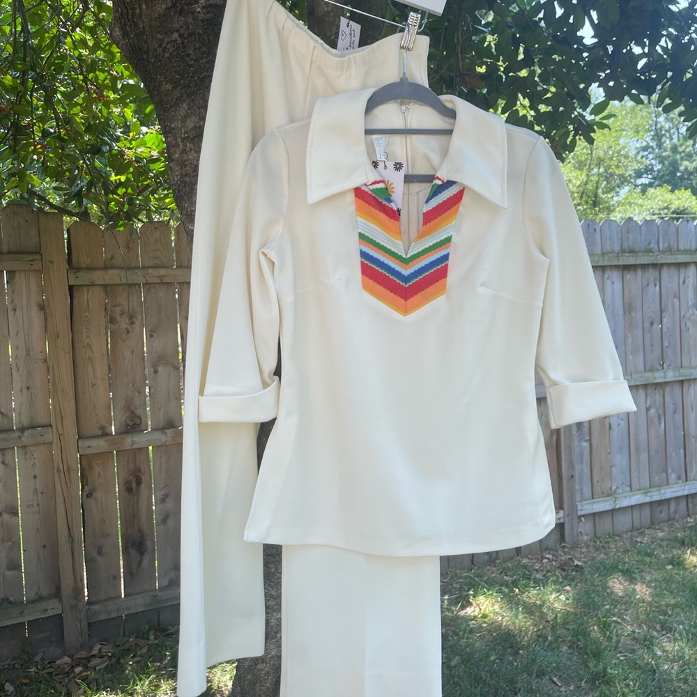 1970s two-piece rainbow & white wide-leg pant suit